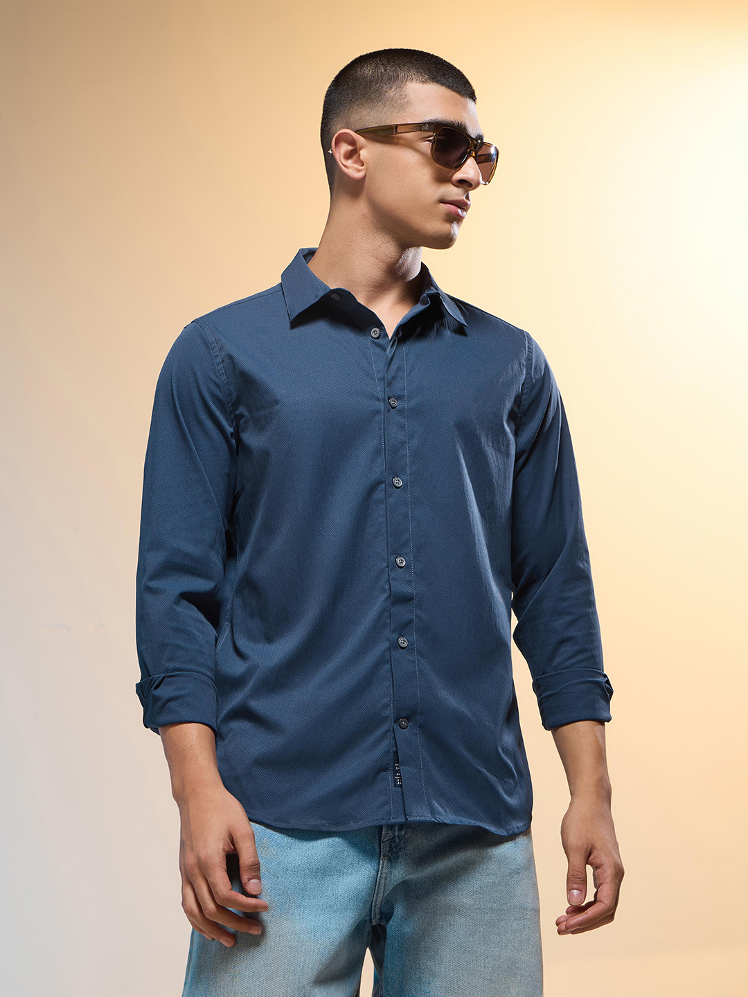 Technosport Men Solid Slim Fit Spread Collar Casual Shirt with TS Lytra