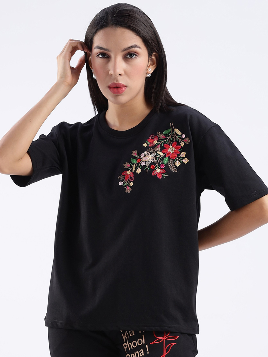 Aerio Women Oversized Embroidery Artwork T-Shirt