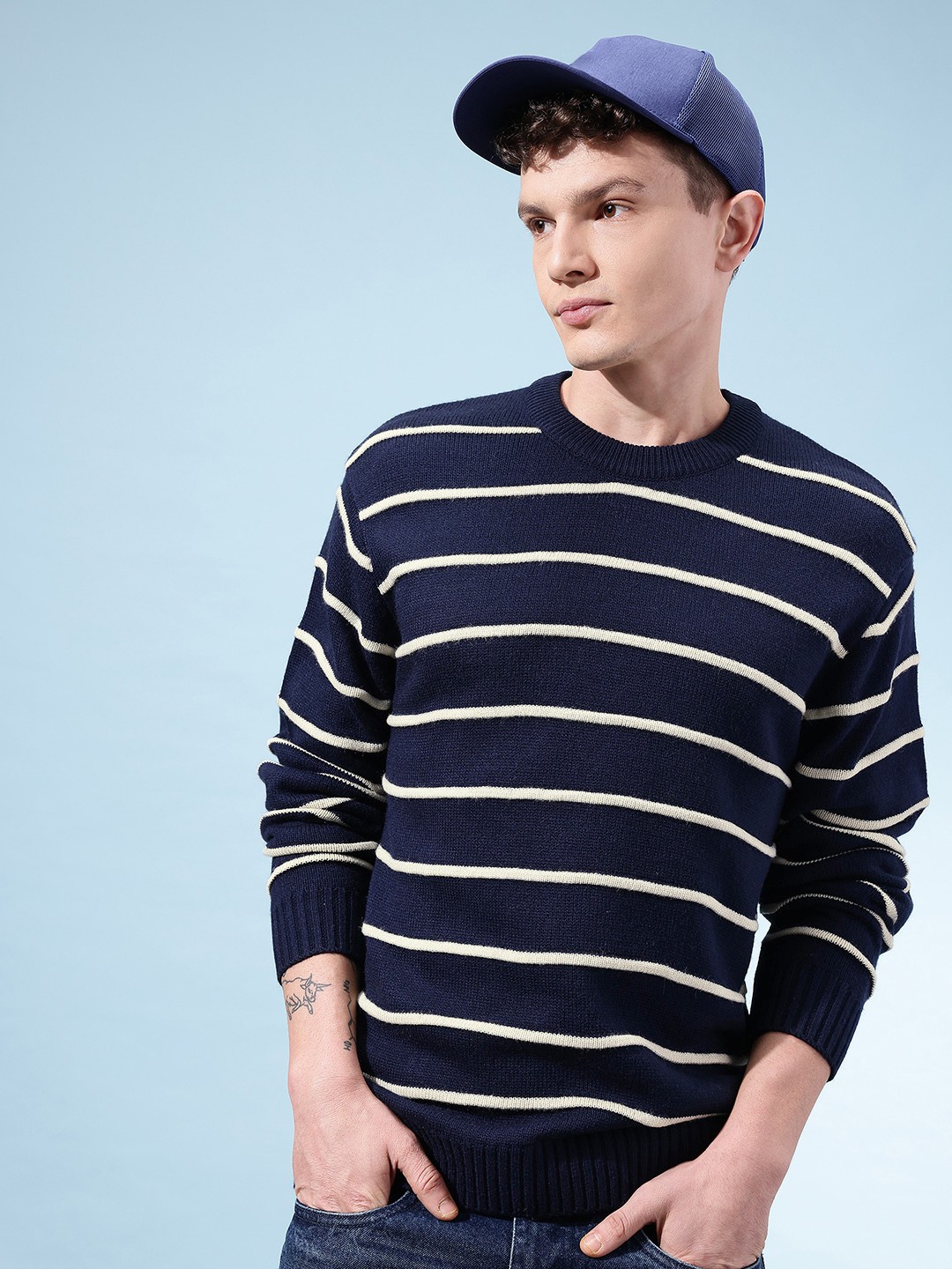 glitchez Vertical Striped Round Neck Knitted Pullover