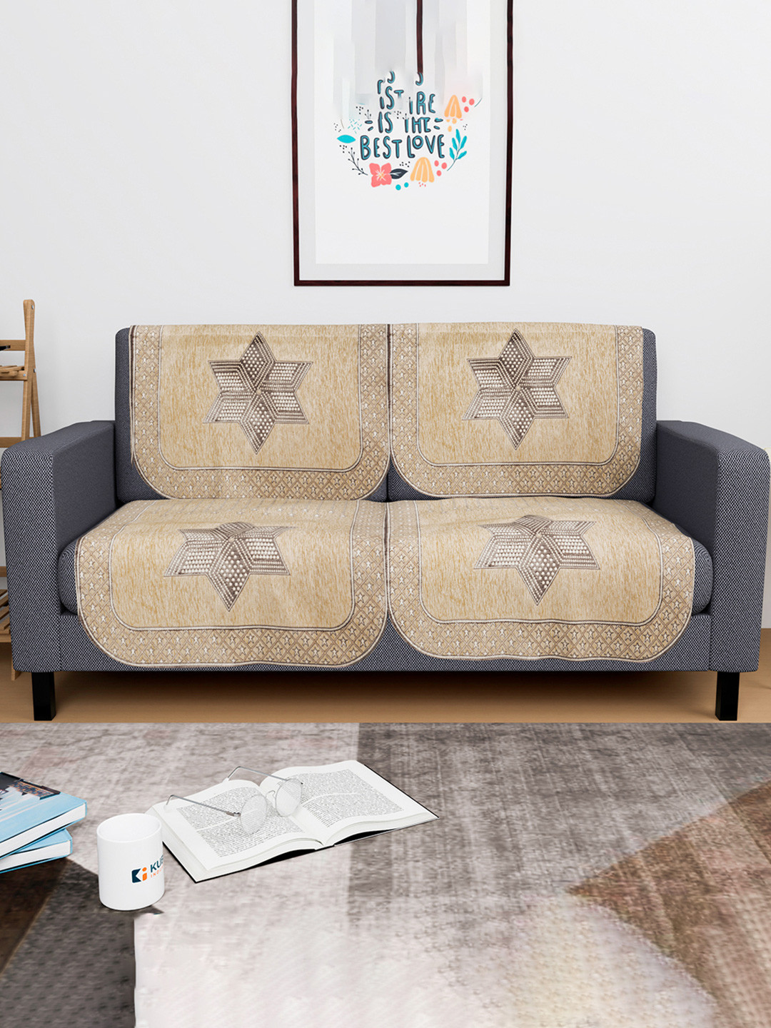 Myntra Elegant Homes Cream-Coloured & Brown 4 Pieces Printed Shaneel 2 Seater Sofa Covers