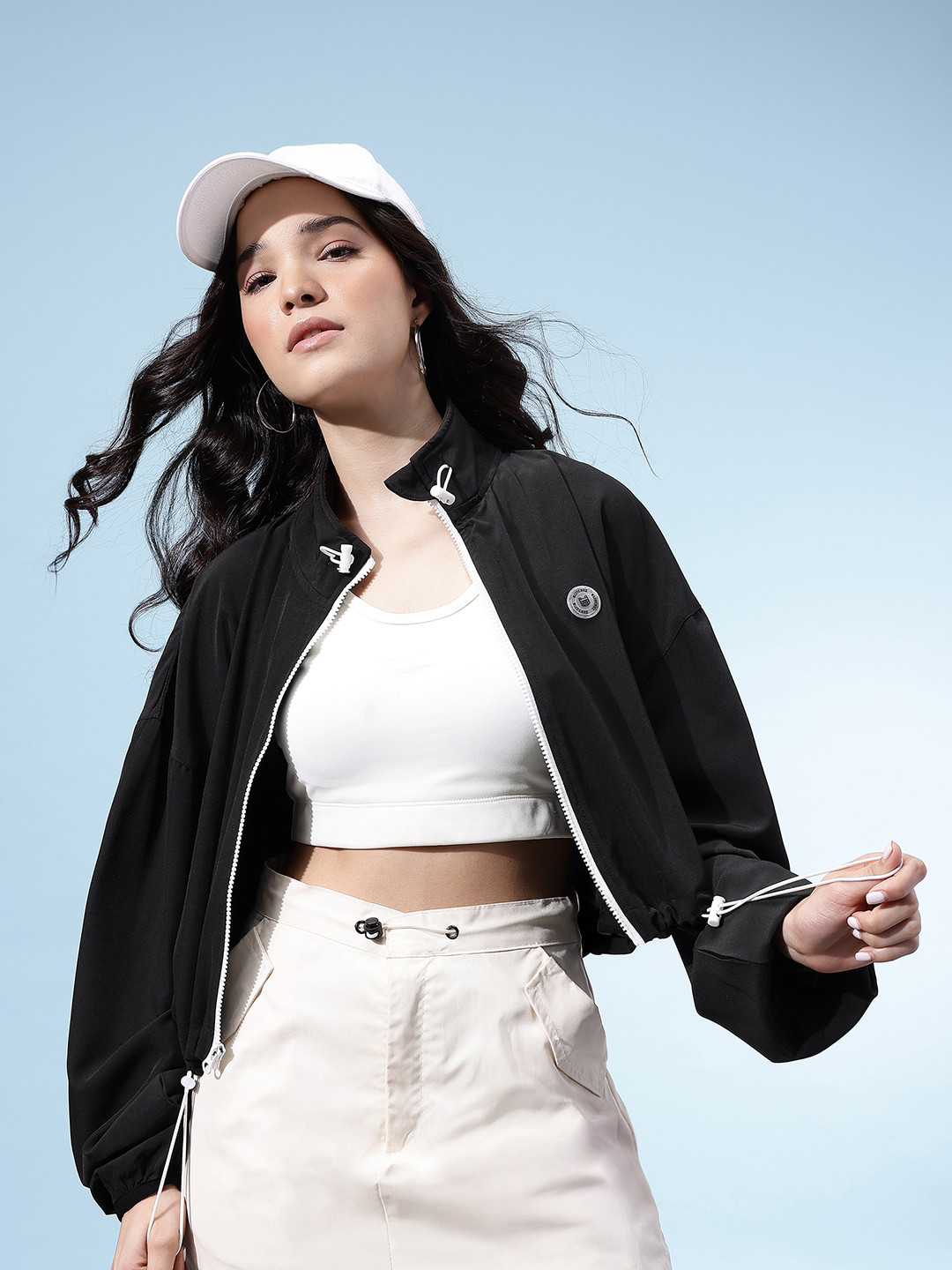 glitchez Mock Collar Crop Windcheater Jacket with Toogled Hem