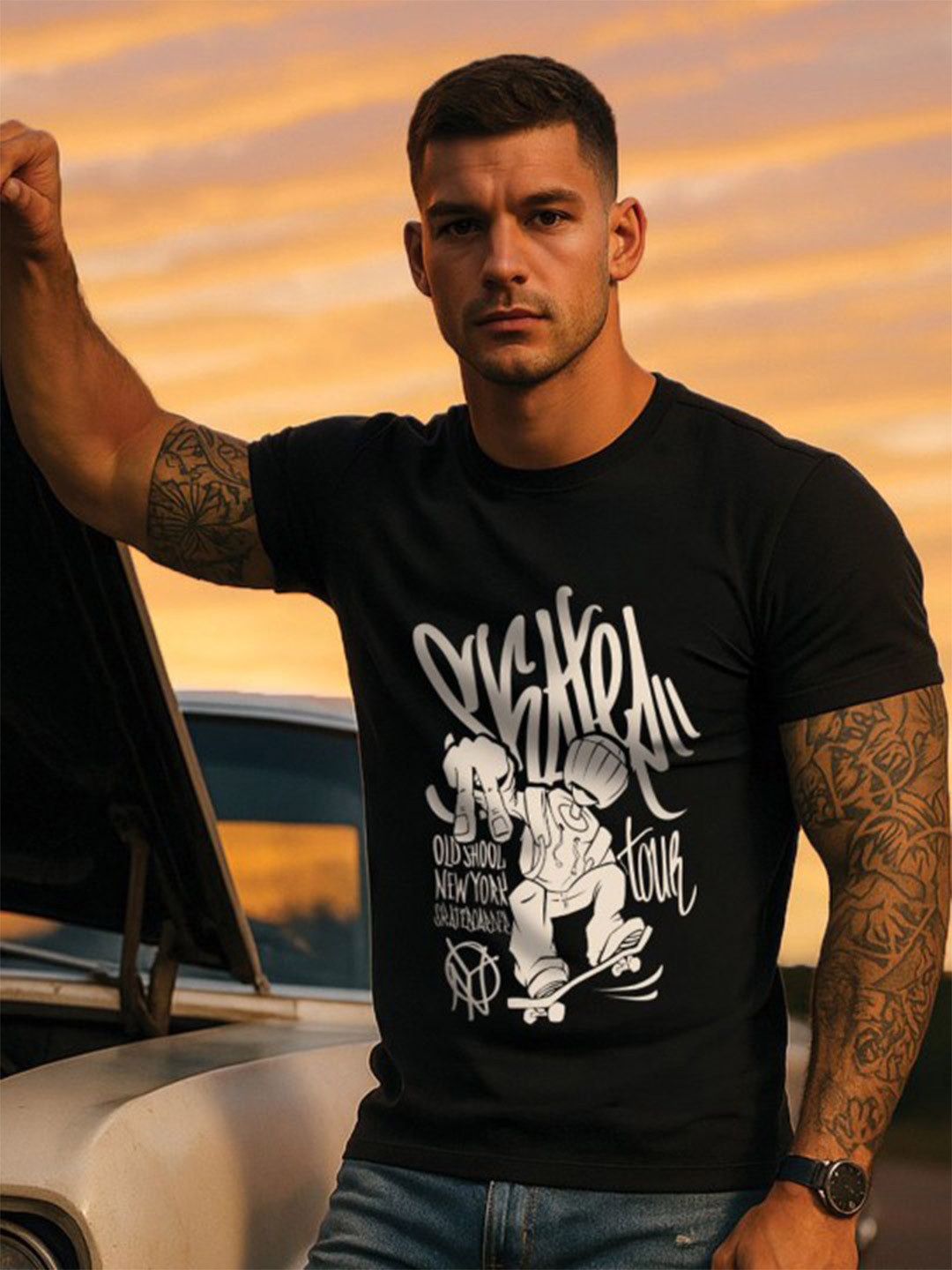 VEIRDO Men Old School Black Typography Printed Cotton T-shirt