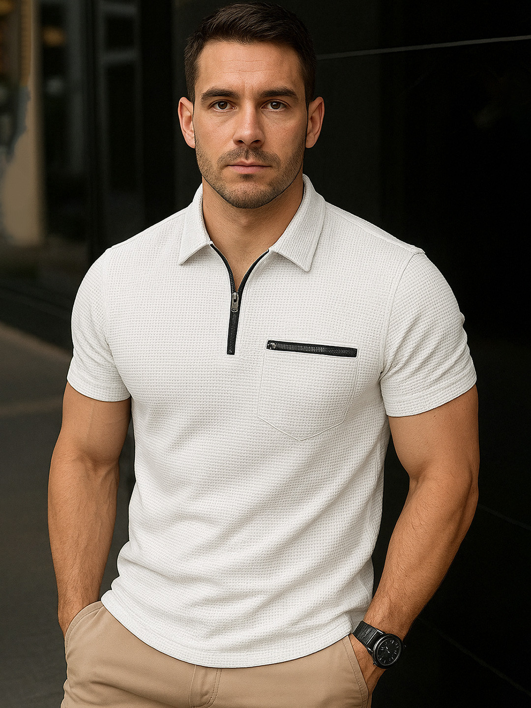 R.Code by The Roadster Lifestyle Co. Men Self Design Polo Collar Cotton T-shirt