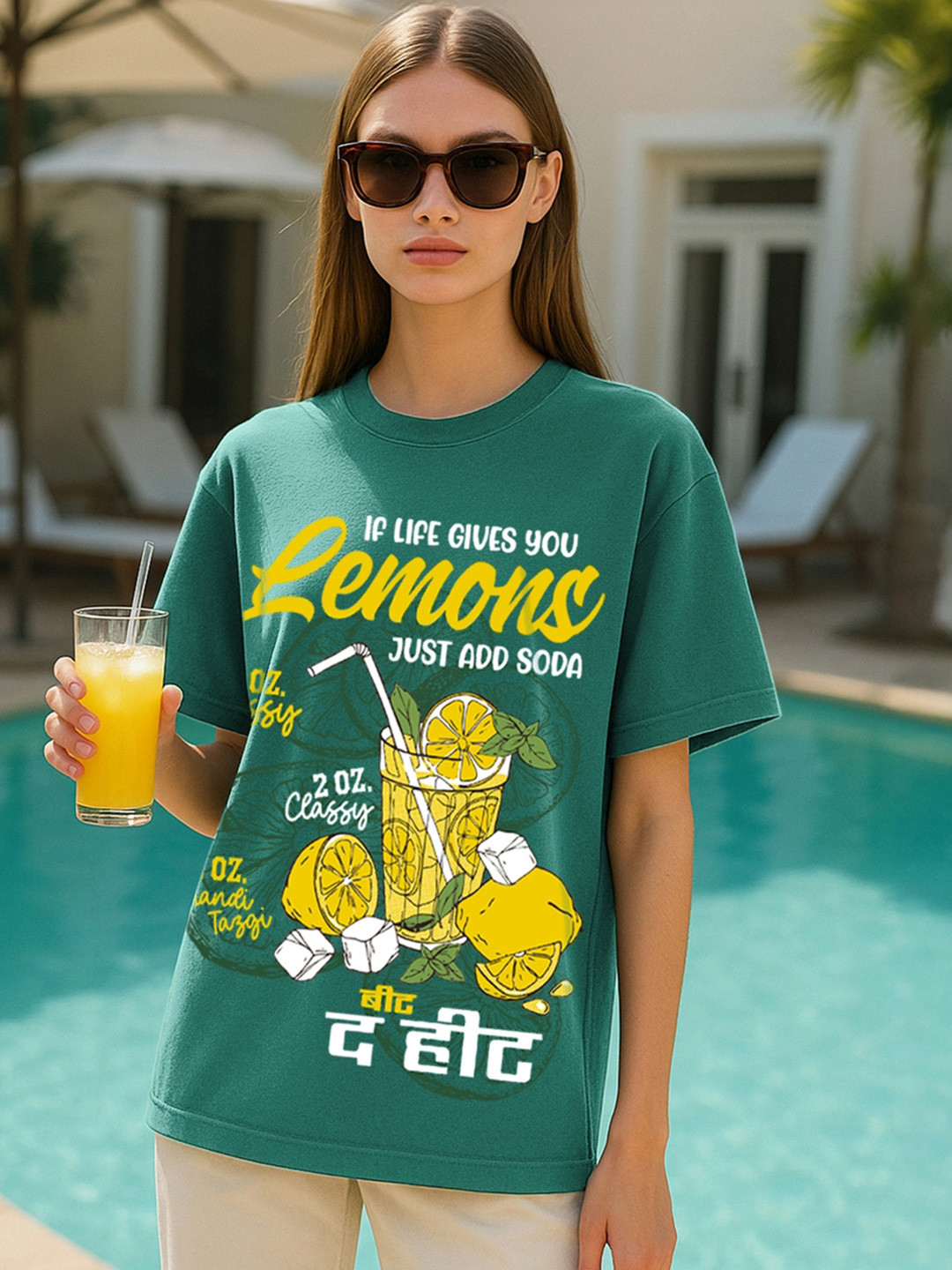 Bewakoof Official Looney Tunes Women Aventurine Green Lemonade Printed Oversized T-shirt