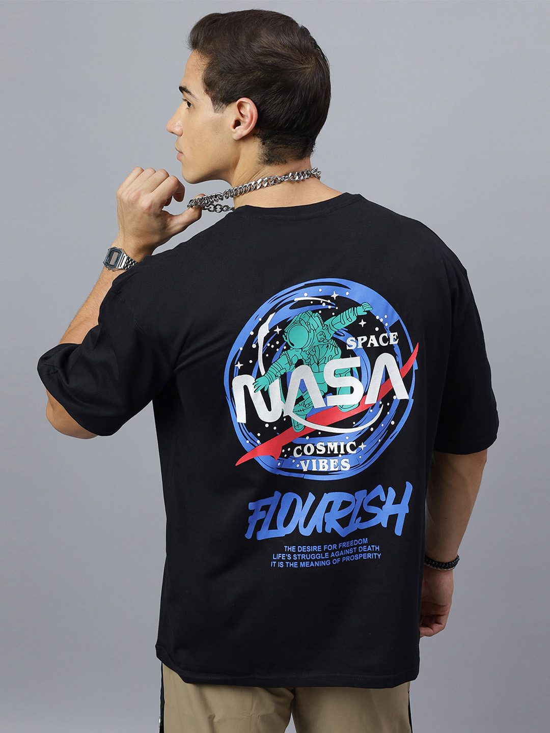 Crazybee T-shirt Men Nasa Graphic Printed Round Neck Cotton Oversized T-shirt