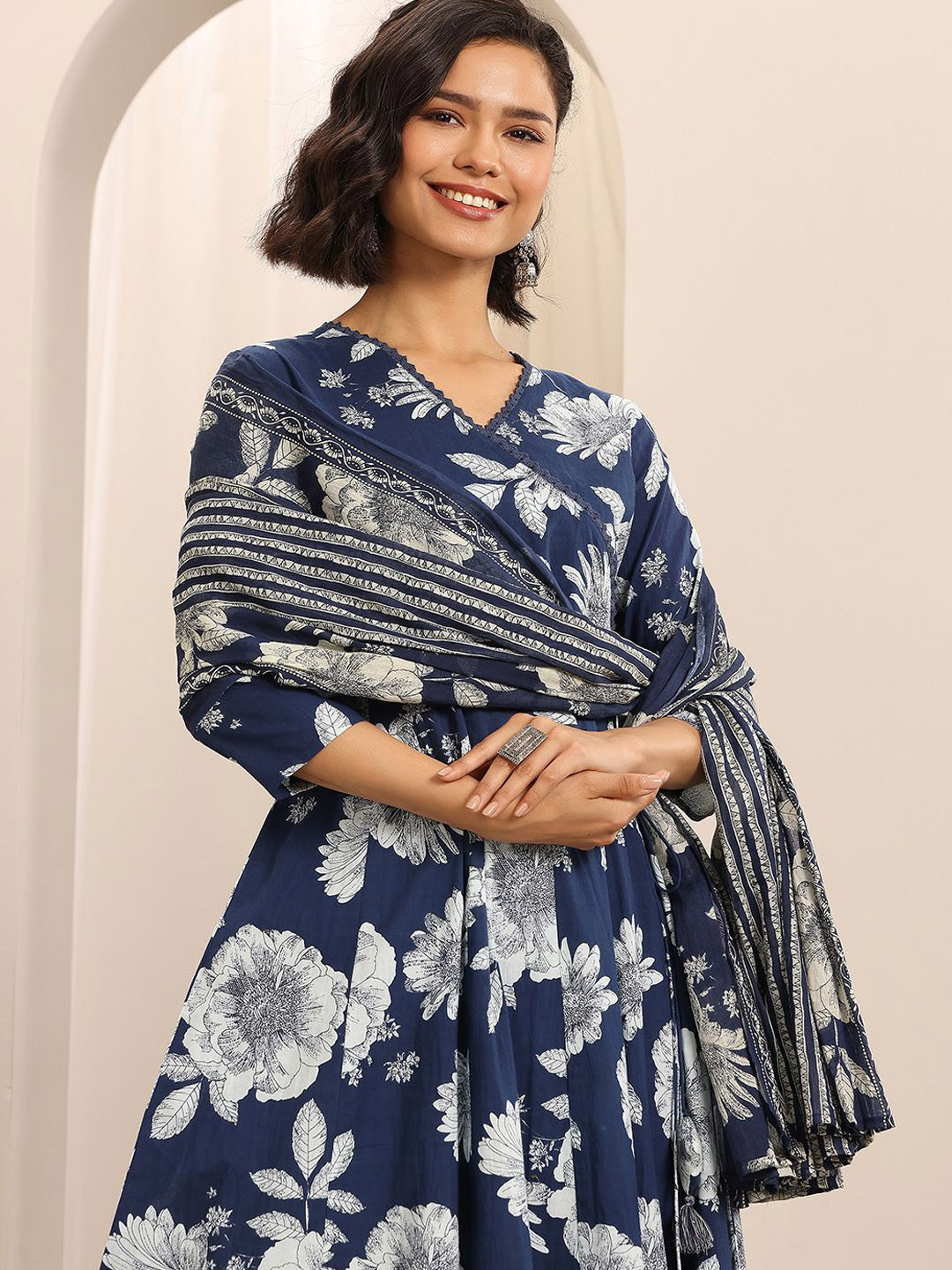 Libas Womens Navy blue Printed Cotton Anarkali Kurta With Trousers & Dupatta