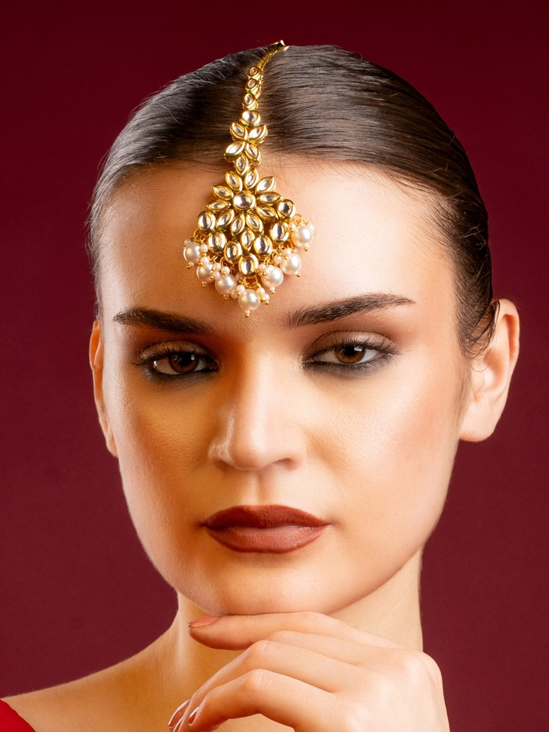 PANASH Gold-Plated Kundan Studded & Pearls Beaded Maang Tikka