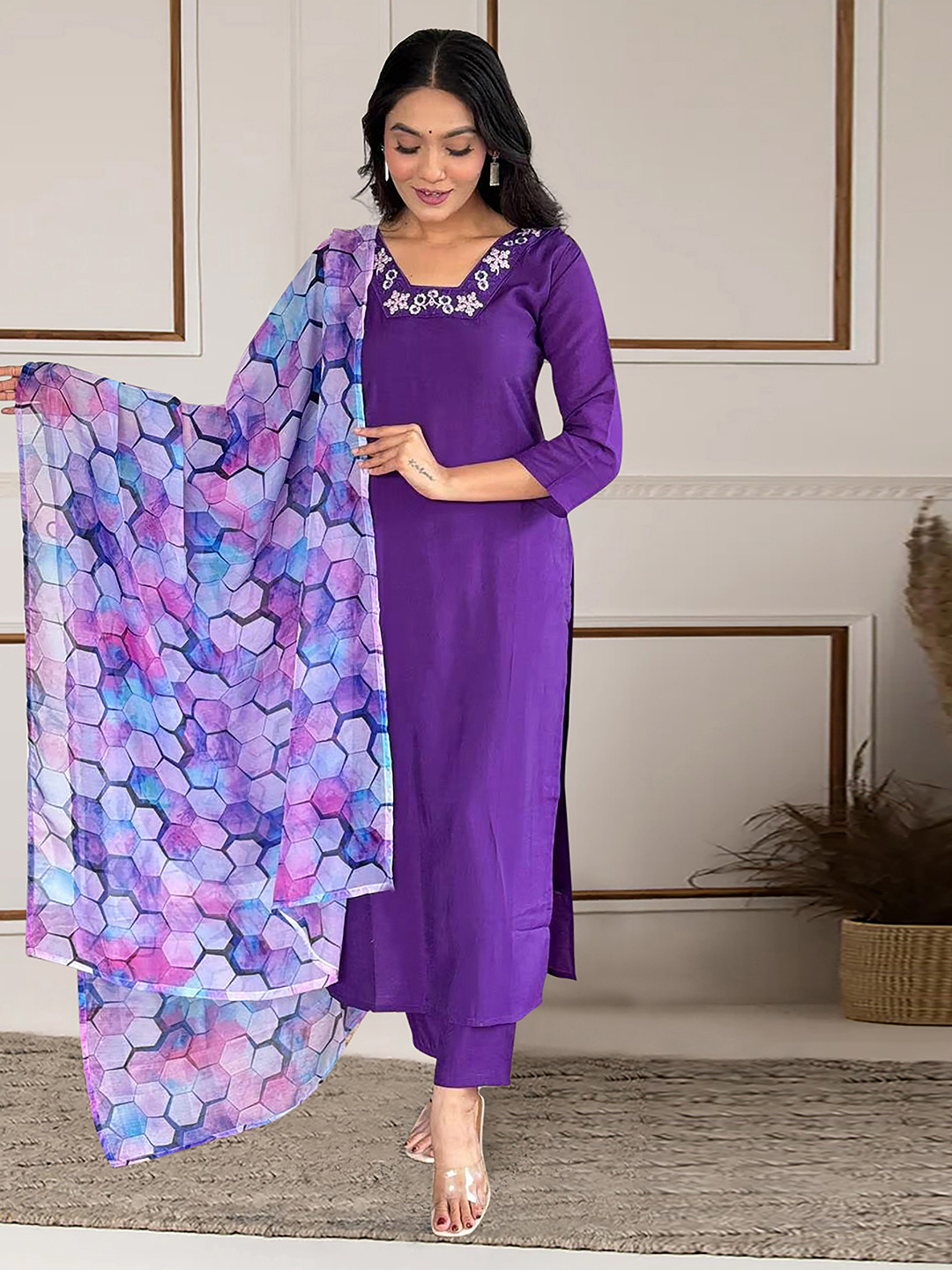 BAESD Square Neck Thread Work Chinon Straight Kurta With Trousers & Dupatta