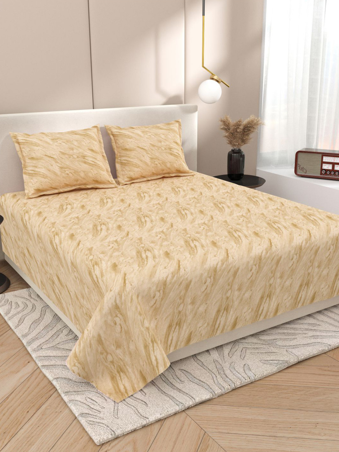 DREAM WEAVERZ Beige Abstract Pure Cotton 220 TC King Fine Bedsheet Set-108 x 100 inches