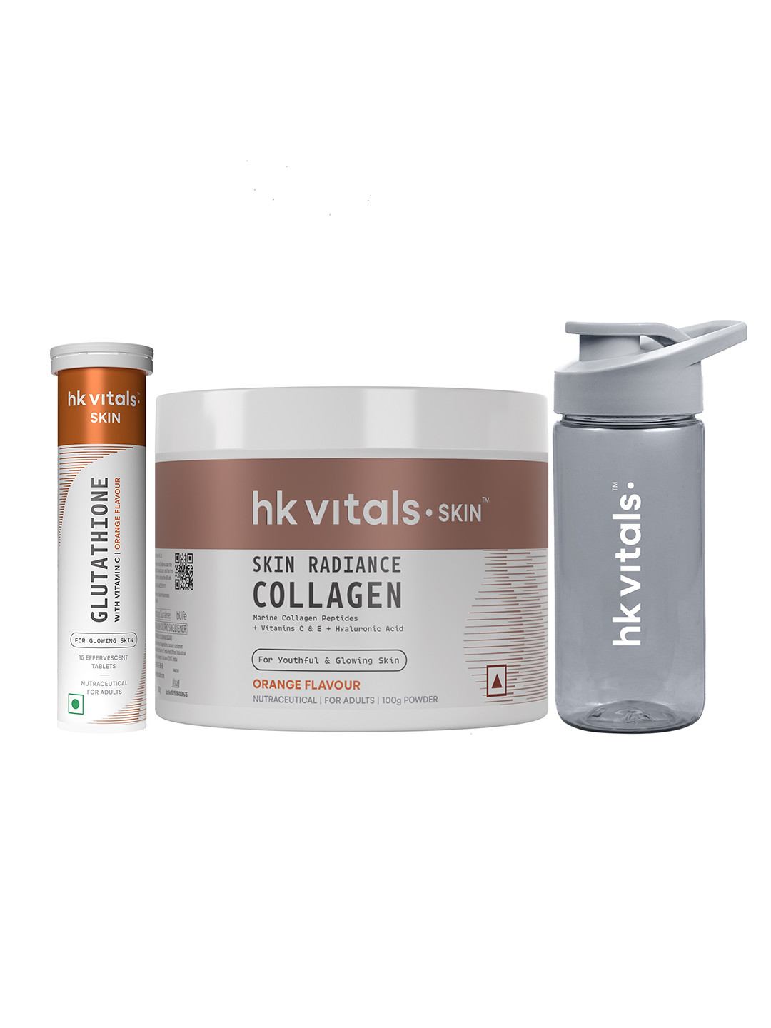 HK VITALS Set Of 3 Glutathione Effervescent-15 Pcs & Skin Radiance Collagen-100 g & Sipper
