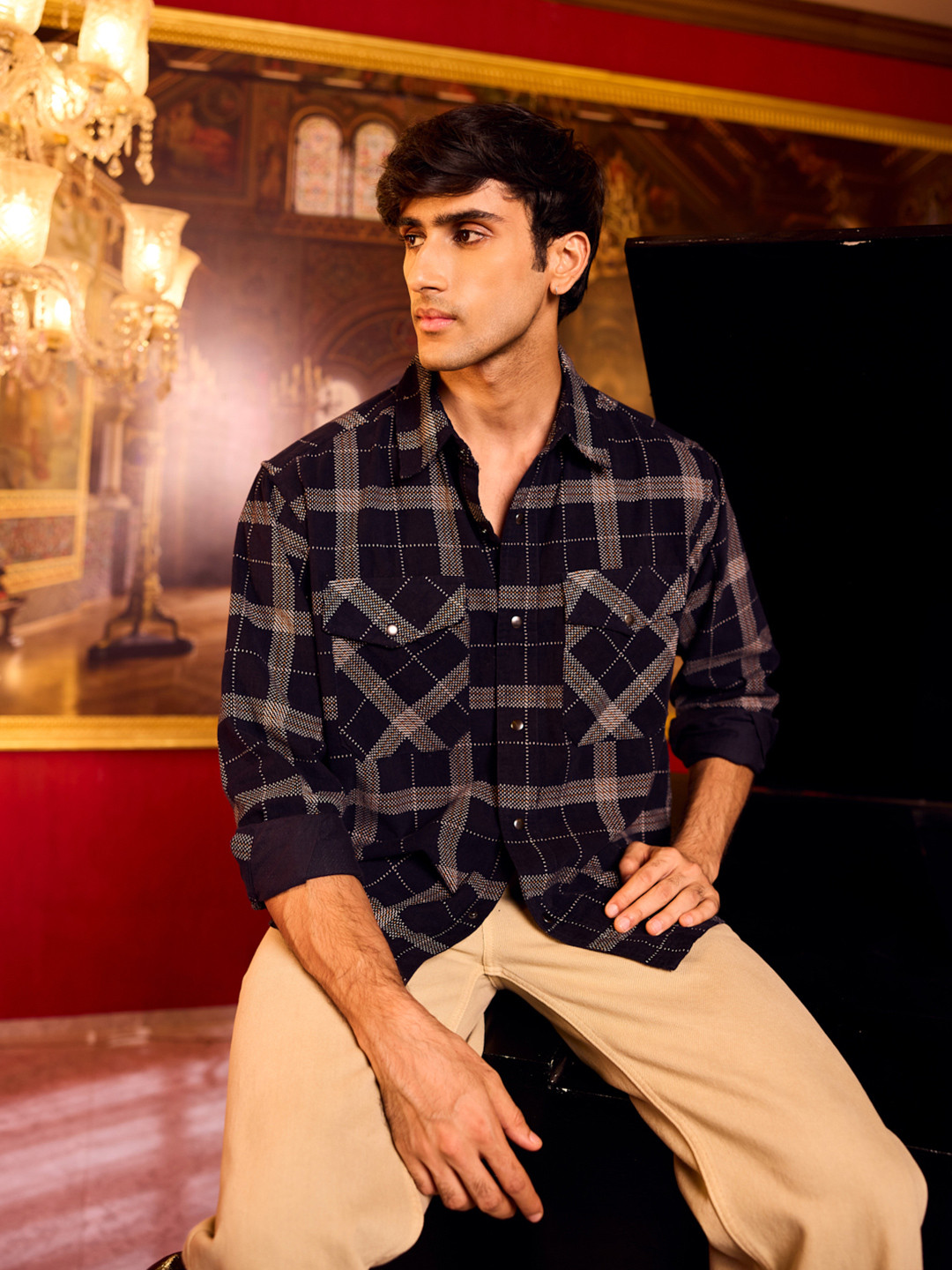 VASTRADO Men Elan Navy Dot Checks Double Flap Pocket Pure Cotton Corduroy OverSlim Fit Shirt