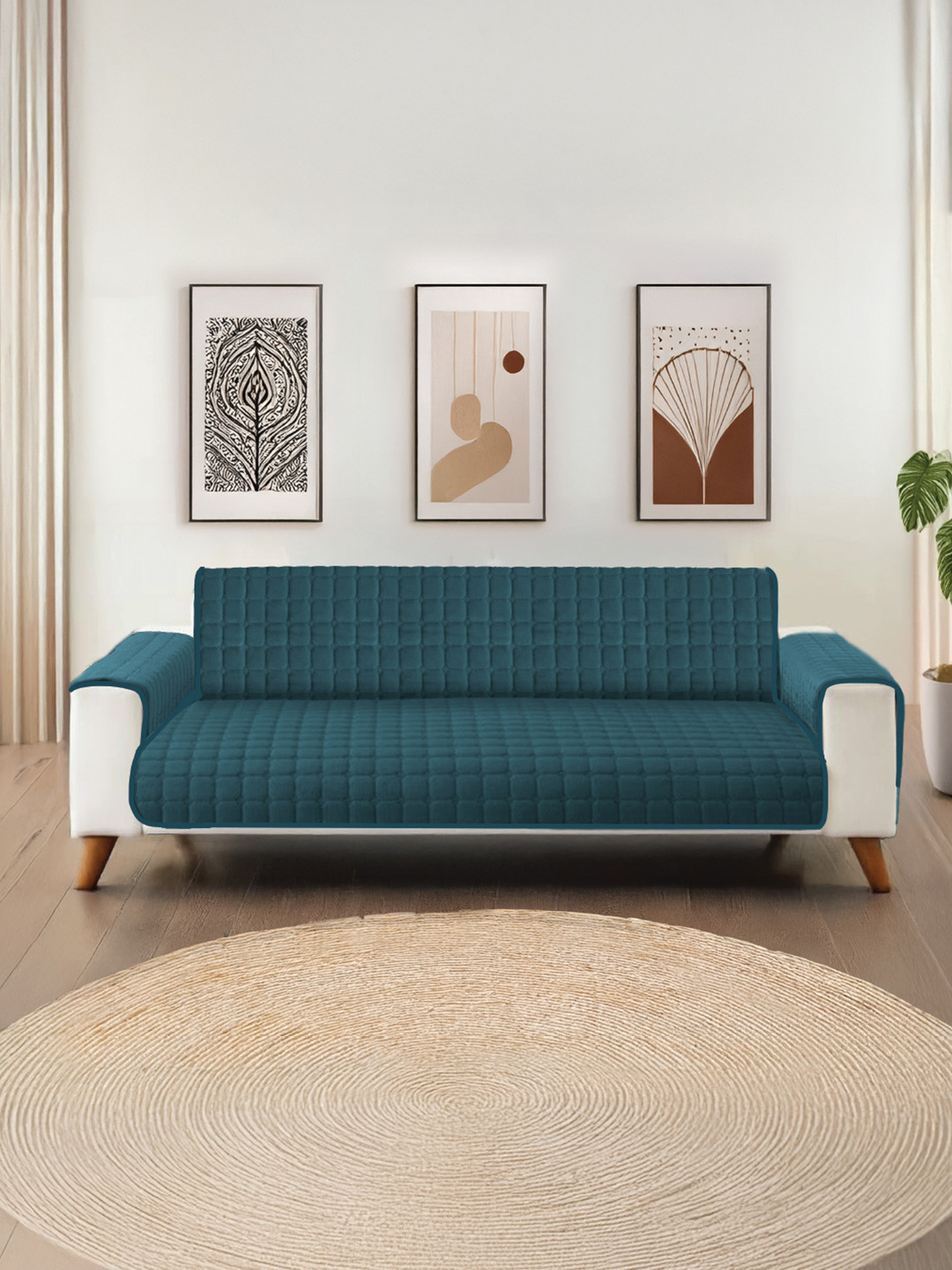 URBAN SPACE Teal 2 Seater Quilted Sofa Cover With Arms