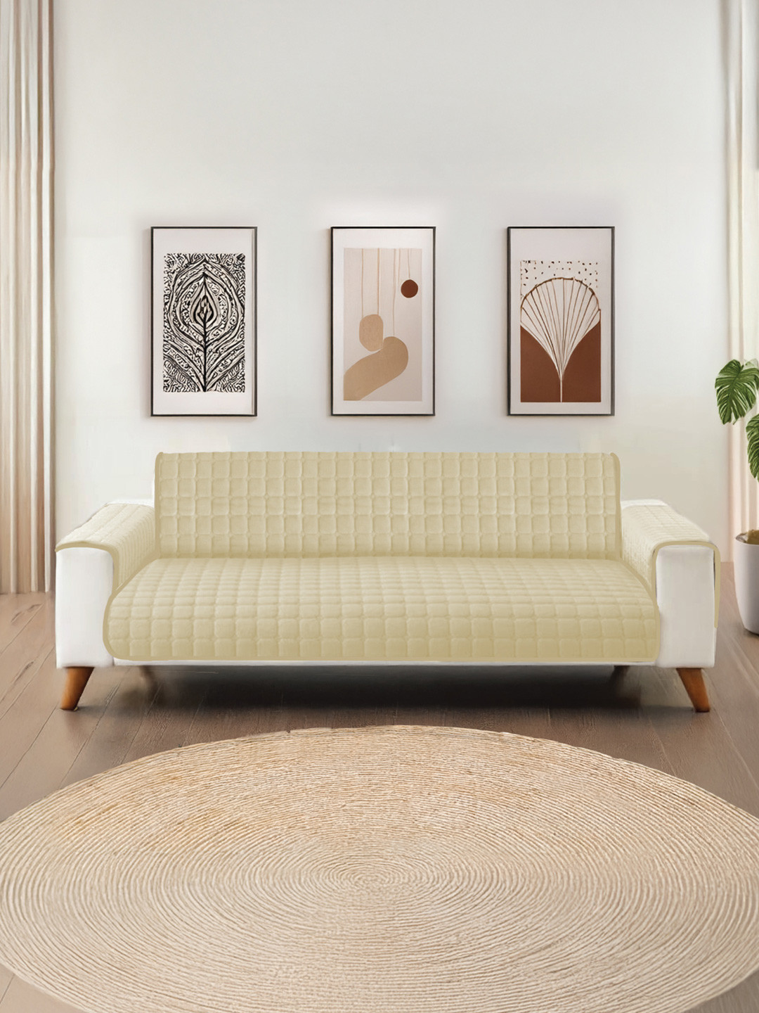 URBAN SPACE Beige 2 Seater Quilted Sofa Cover With Arms