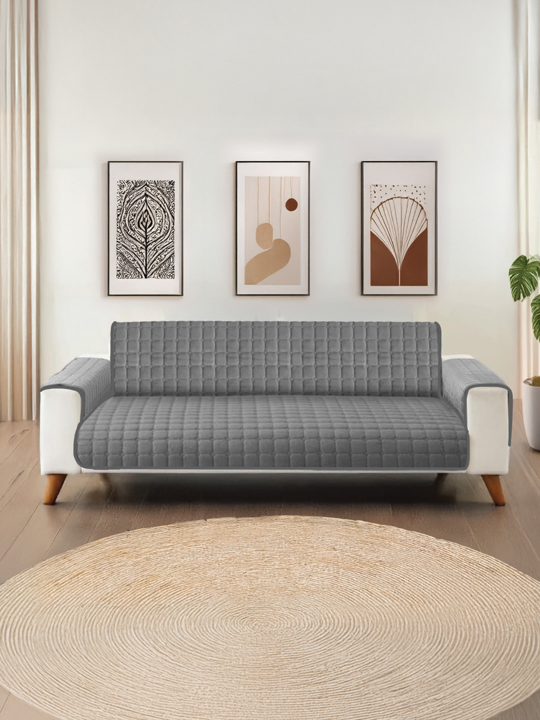 URBAN SPACE Grey 2 Seater Quilted Sofa Cover With Arms