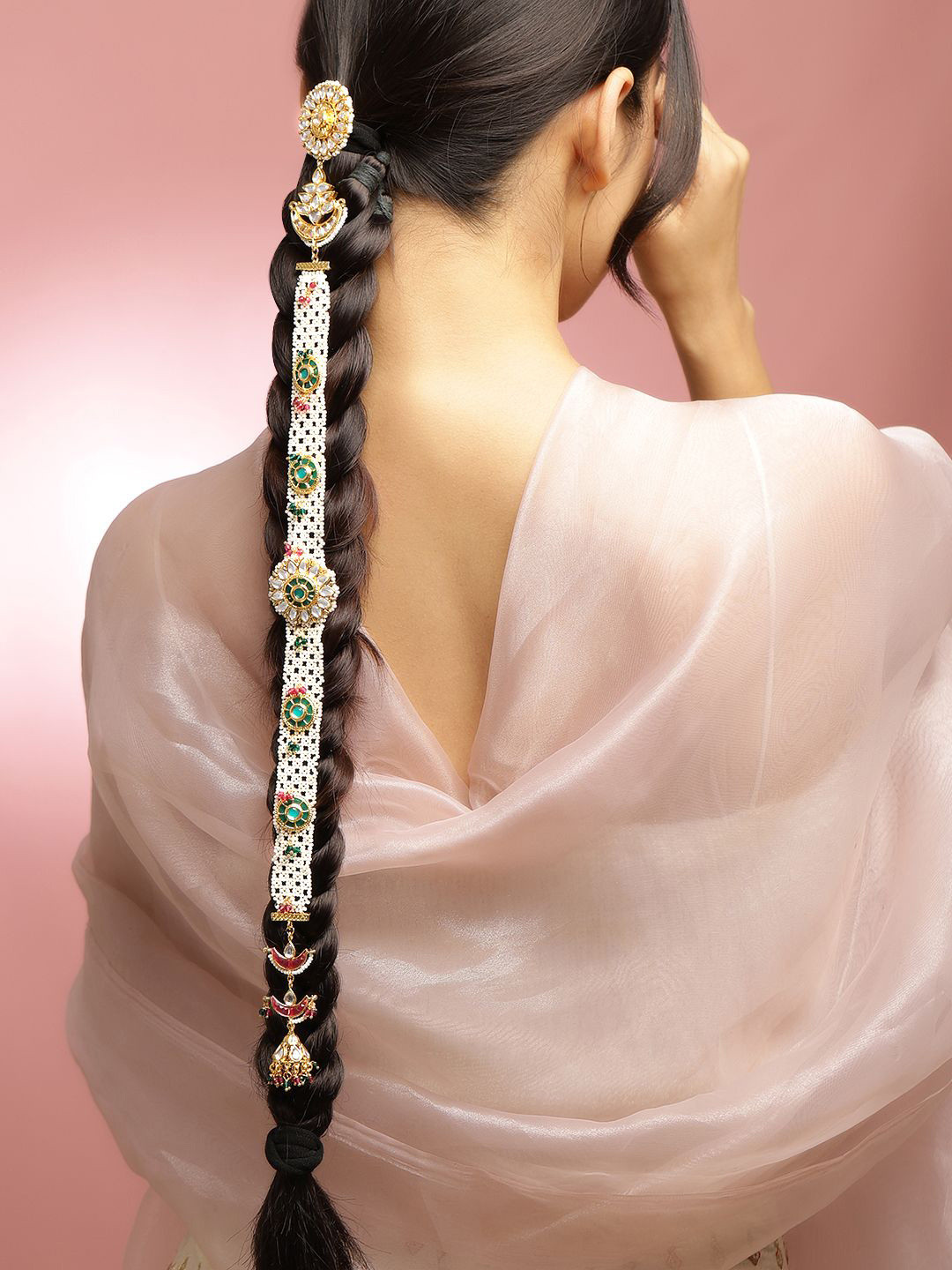 Rubans 22K Gold-Plated Emerald & Ruby Kundan Studded Cream Pearl Beaded Hair Accessory