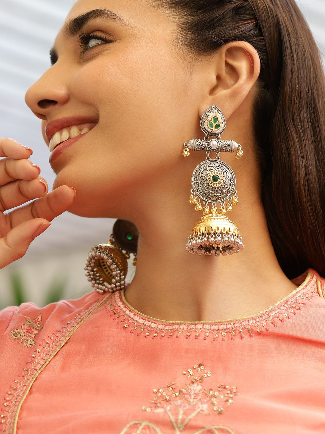 Rubans Silver & Gold Dual-Plated Oxidised Long Green Stone with Gold & Silver Beads Jhumka