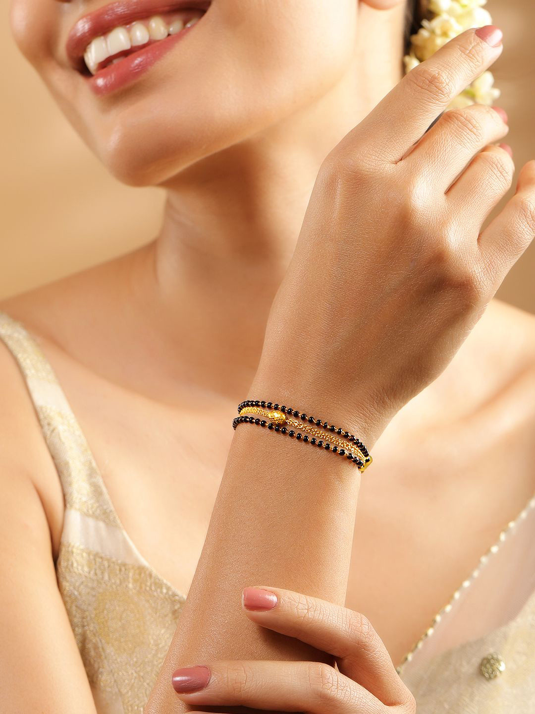 Rubans 18K Gold-Plated Black Beaded & Golden Chain Mangalsutra Bracelet