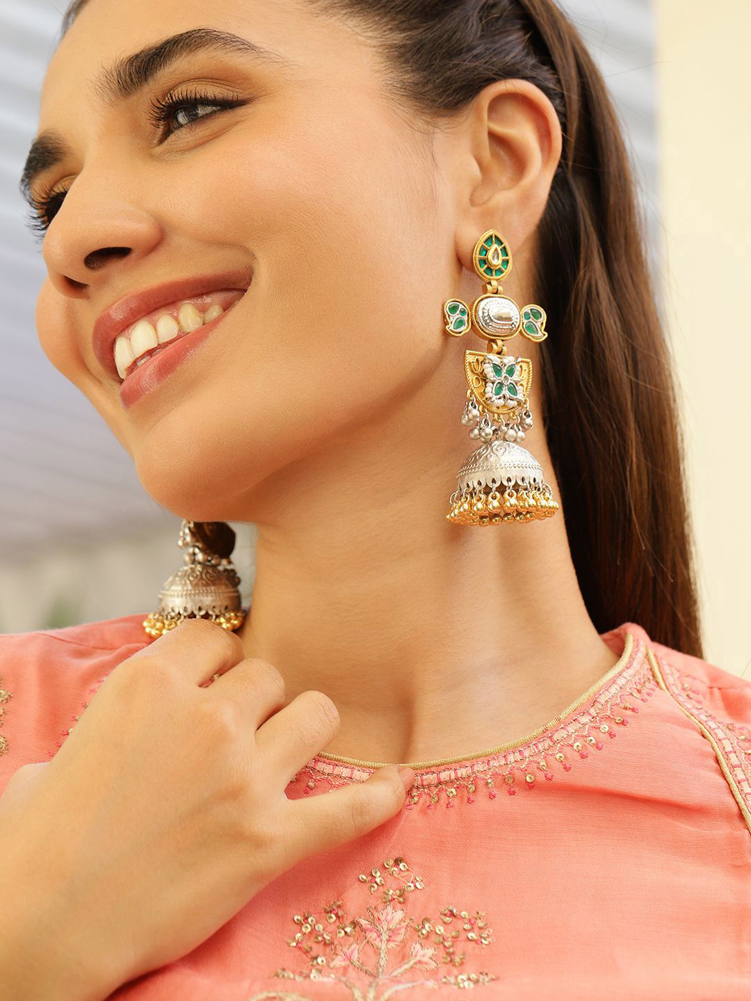 Rubans Silver & Gold Dual-Plated Oxidised Long Green Stone Jhumka with Gold & Silver Beads