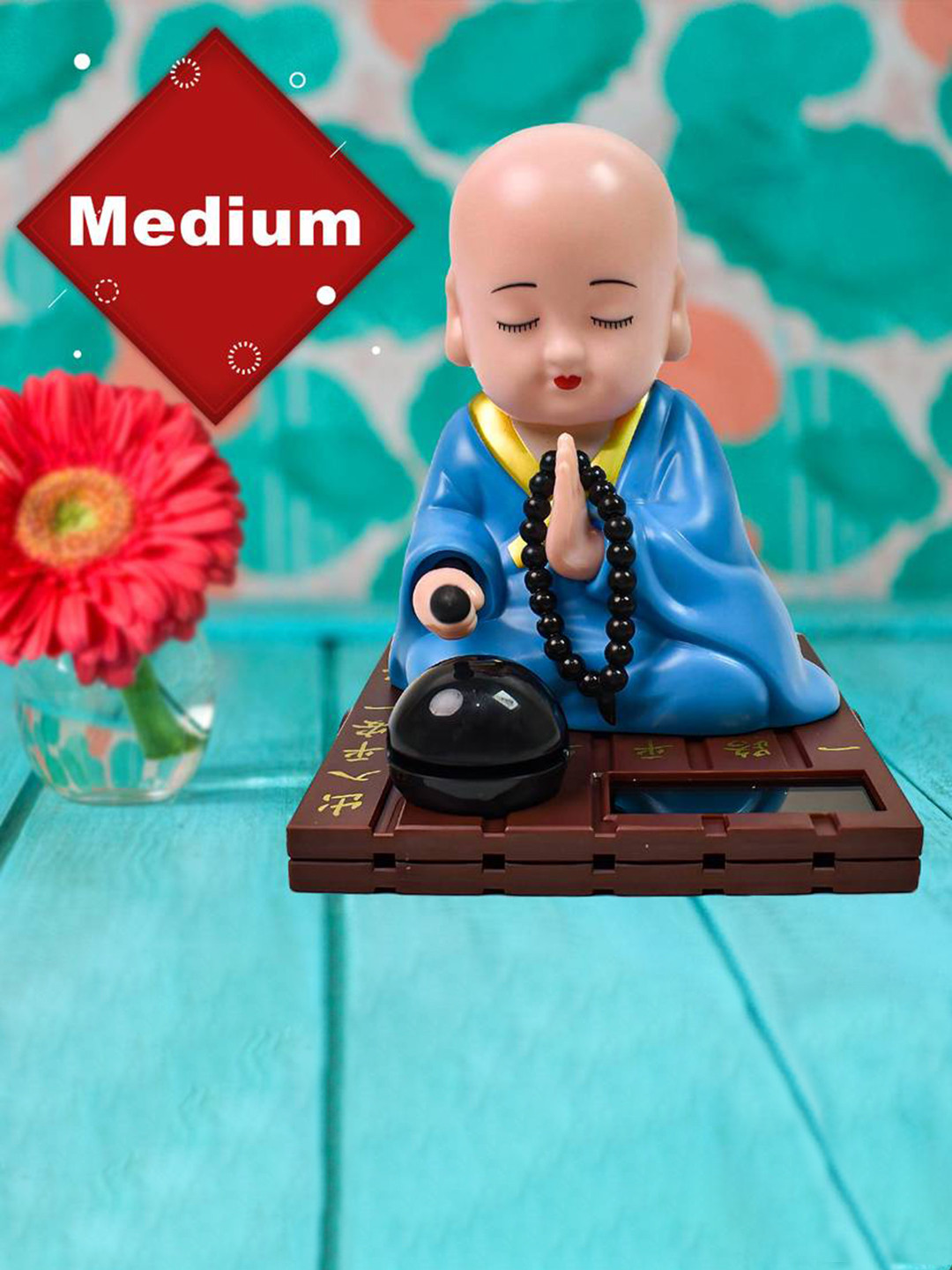 DeoDap Solar Powered Sitting Buddha Blue Plastic Glossy Living Room Music Small Showpiece - 4.7 Inches