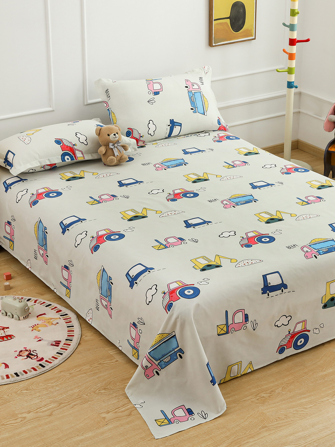 Story@home White & Blue Cartoon Characters 180 TC Queen Bedsheet with 2 Pillow Covers