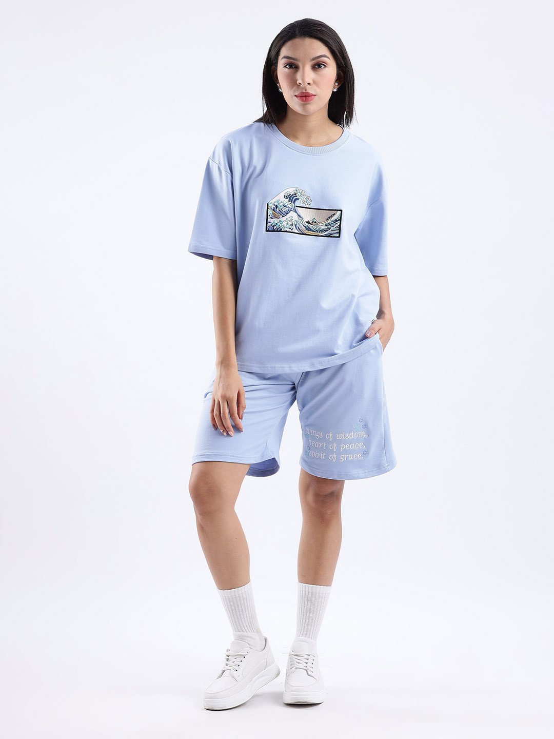 Aerio Women Oversized Embroidery Artwork Co-Ord Set