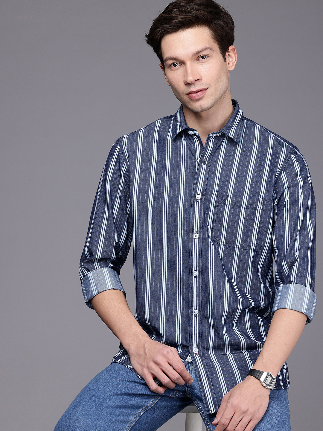 Allen Solly Custom Slim Fit Striped Pure Cotton Casual Shirt