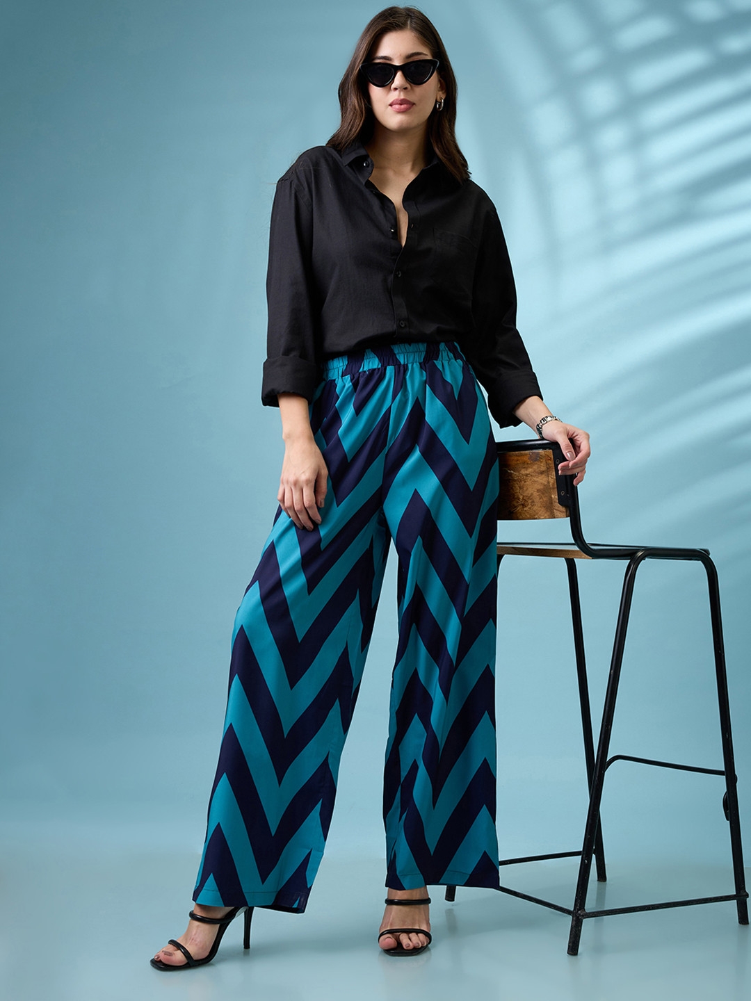 Globus Chevron Print Mid Rise Elasticated Wide Leg Trousers