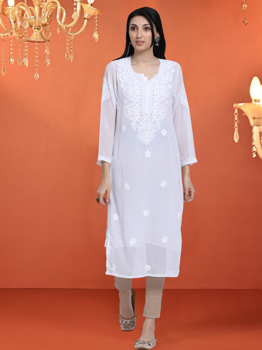 PARAMOUNT CHIKAN Floral Embroidered Lucknowi Chikankari Summer Sheers Georgette Kurta
