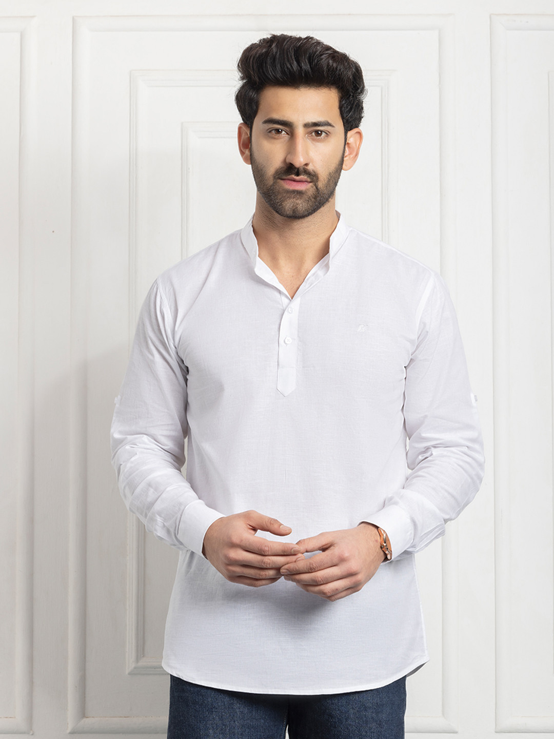 FILO HEVIS Men Mandarin Collar Cotton White Short Kurta