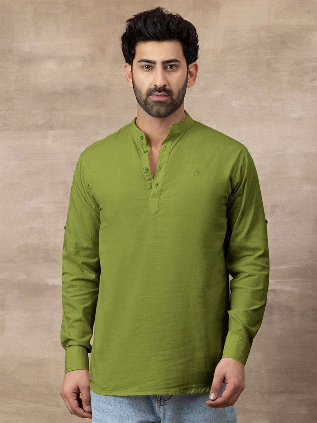 FILO HEVIS Men Mandarin Collar Cotton Light Green Short Kurta