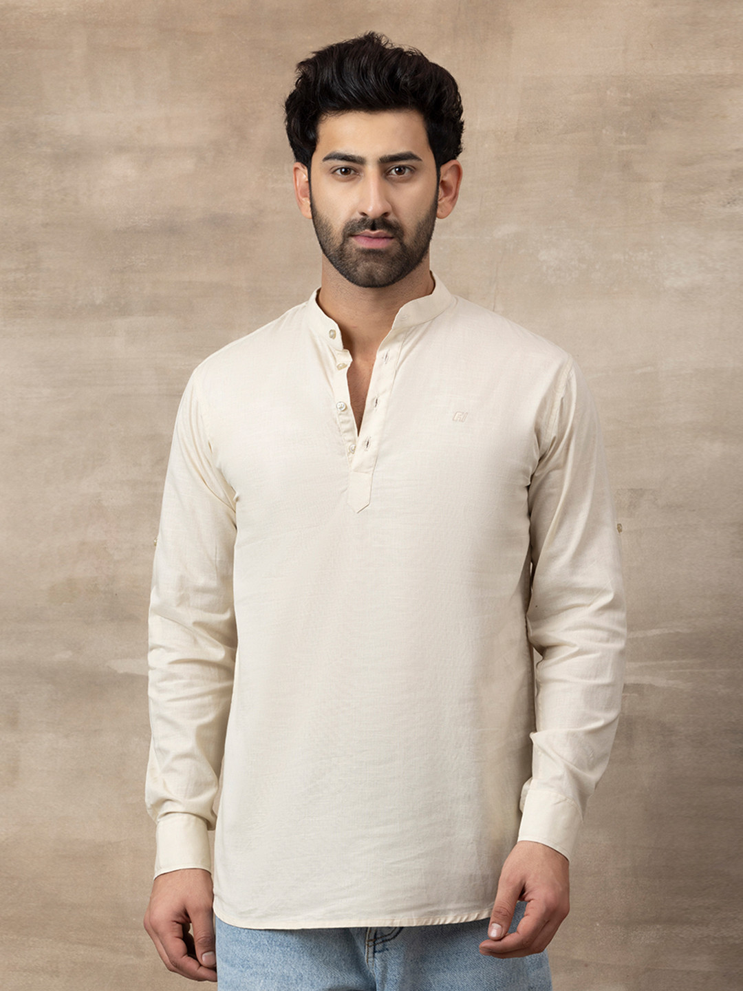 FILO HEVIS Men Mandarin Collar Cotton Cream Short Kurta