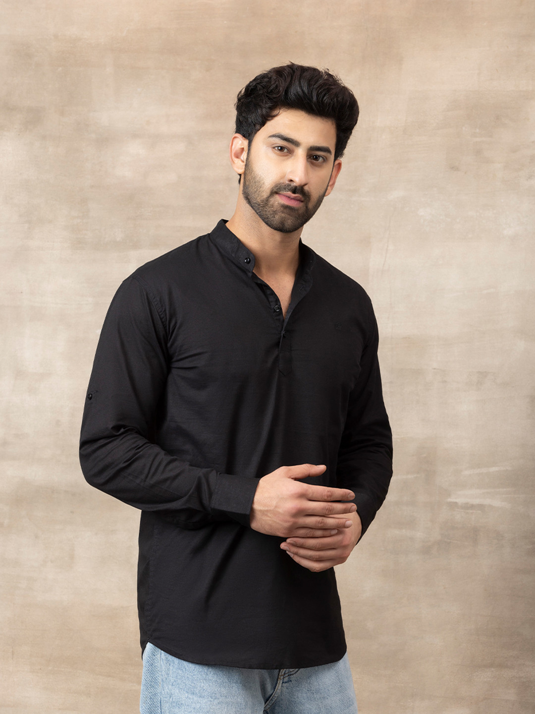 FILO HEVIS Men Mandarin Collar Cotton Black Short Kurta