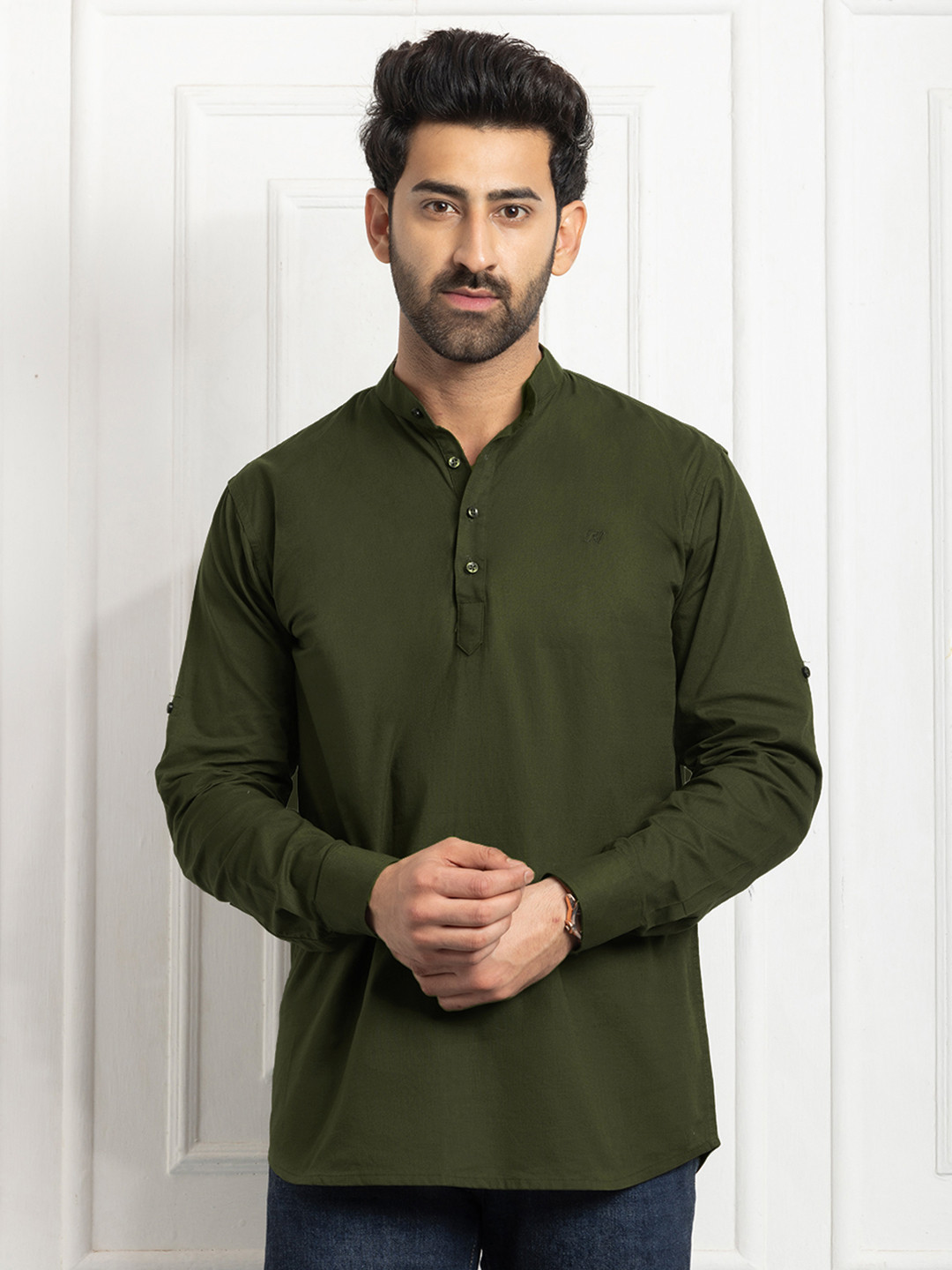FILO HEVIS Men Mandarin Collar Cotton Olive Green Short Kurta