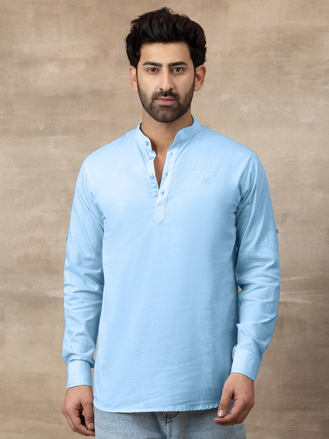 FILO HEVIS Men Mandarin Collar Cotton Sky Short Kurta