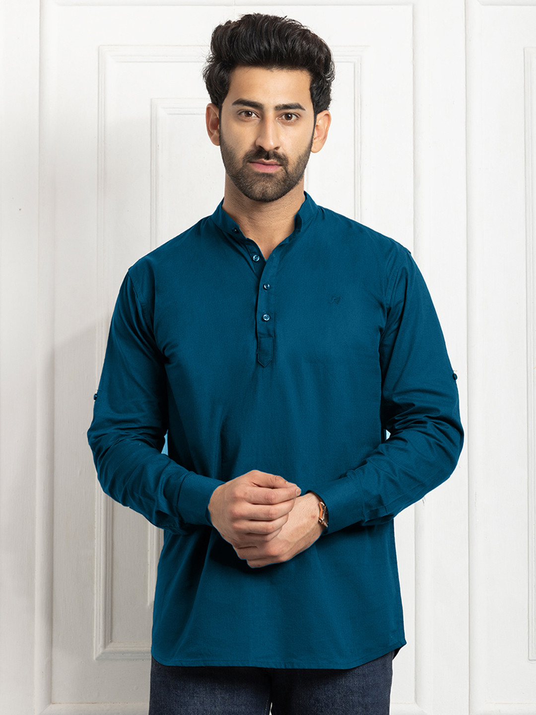 FILO HEVIS Men Mandarin Collar Cotton Teal Blue Short Kurta
