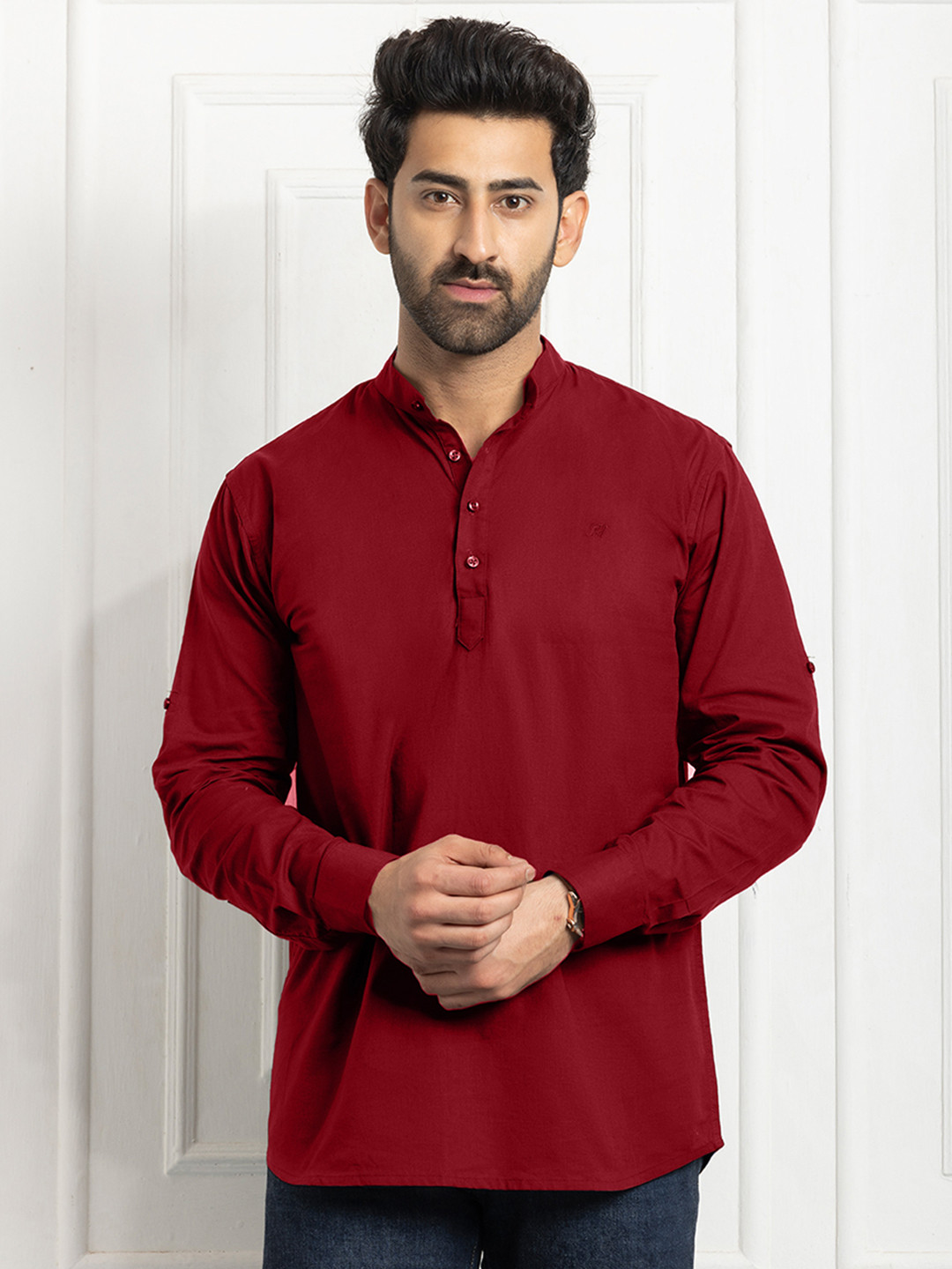 FILO HEVIS Men Mandarin Collar Cotton Red Short Kurta