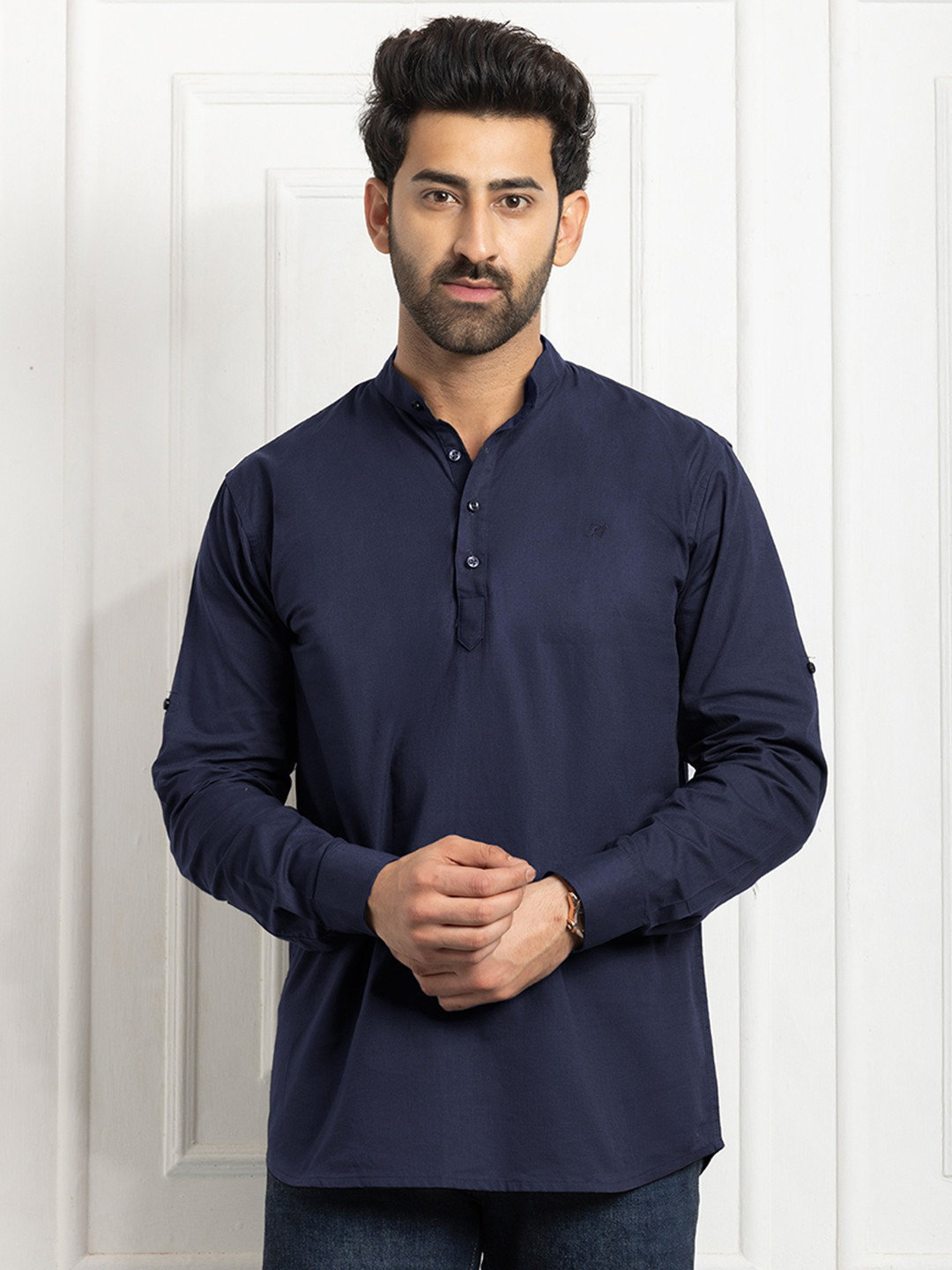 FILO HEVIS Men Mandarin Collar Cotton Navy Blue Short Kurta
