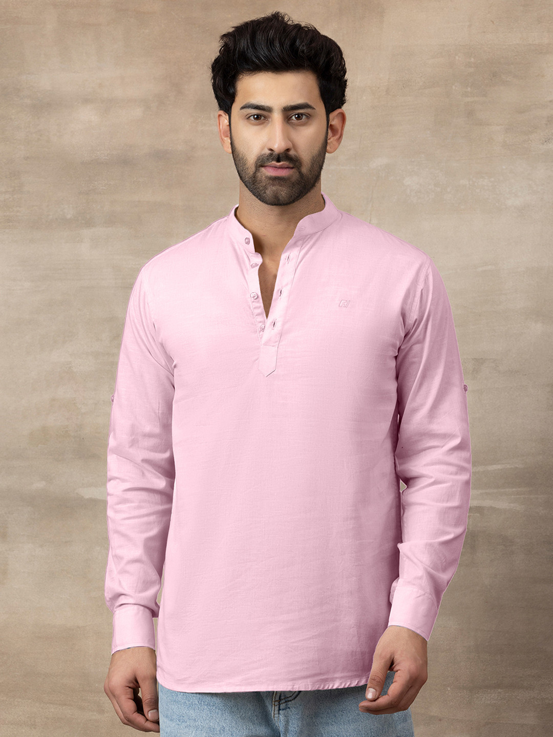 FILO HEVIS Men Mandarin Collar Cotton Pink Short Kurta
