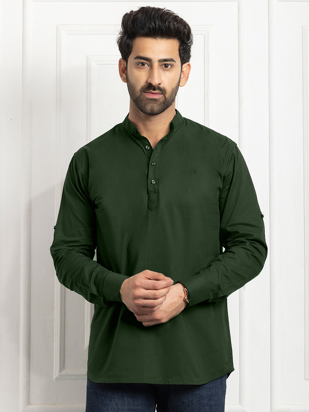 FILO HEVIS Men Mandarin Collar Cotton Dark Green Short Kurta