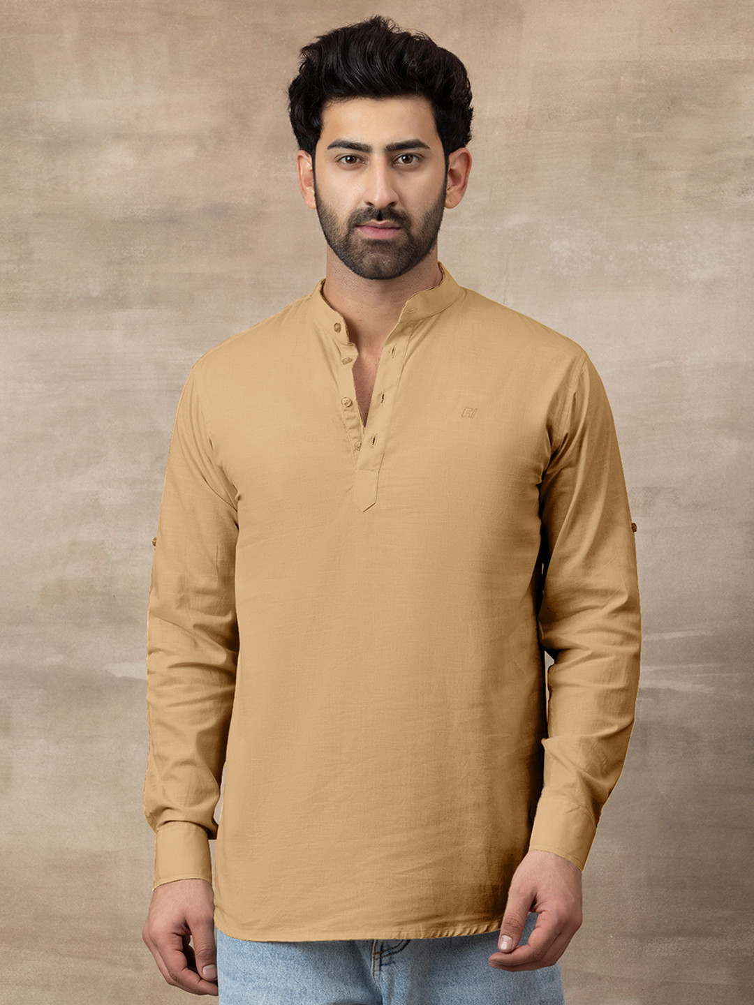 FILO HEVIS Men Mandarin Collar Cotton Beige Short Kurta