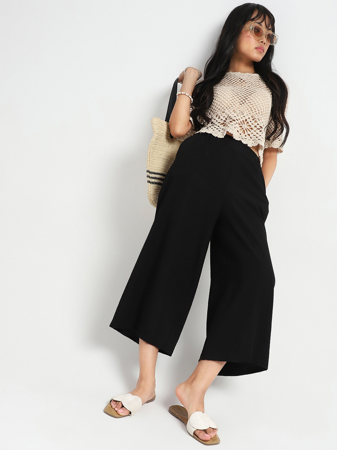 Sera Women Black Wide Leg High Waist Relaxed Fit Trouser