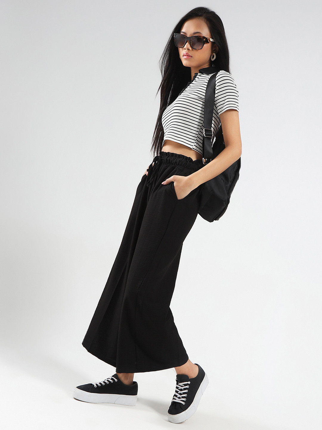 Sera Women Women Black Cotton Nylon Wide Leg Casual Trouser