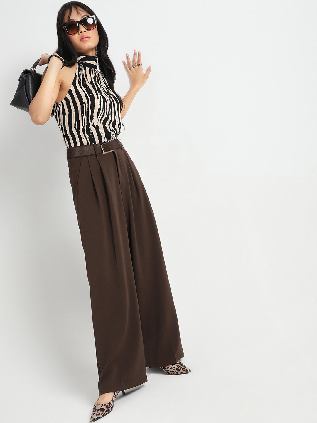 Sera Women High Rise Pleated Wide Leg Korean Pants with Belt