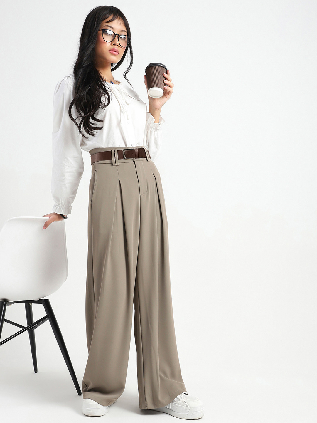 Sera Women High Rise Pleated Wide Leg Korean Pants with Belt