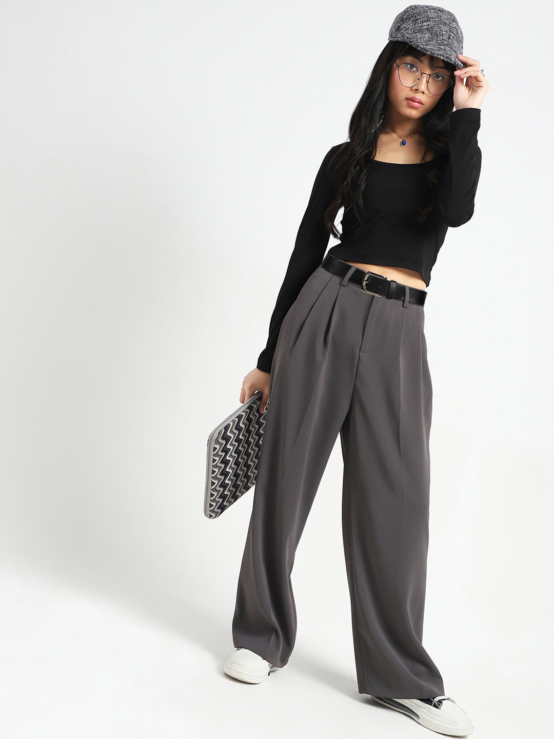 Sera Women Smart Flared High-Rise Pleated Korean Pants With Belt