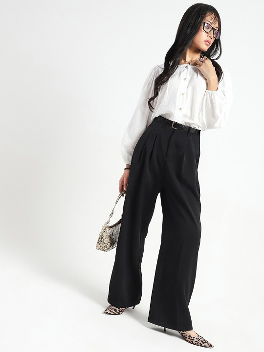 Sera Women Smart Flared High-Rise Pleated Korean Pants With Belt