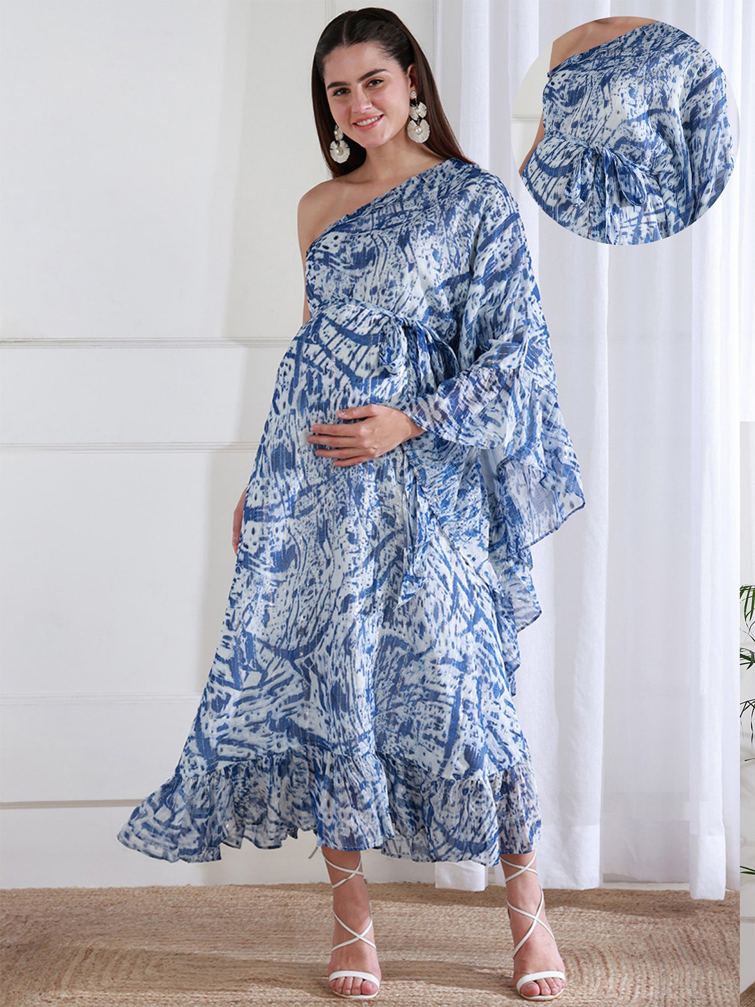 Shades of Sabi Women Abstract Printed One Shoulder Maternity Fit & Flare Maxi Dress