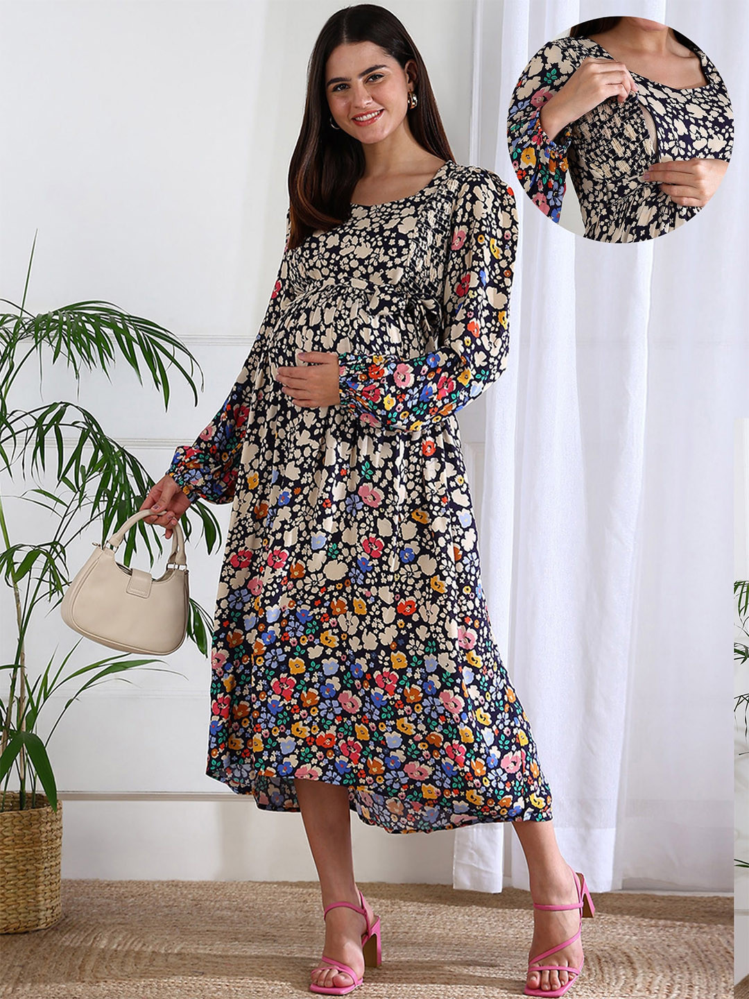 Shades of Sabi Women Floral Print Puff Sleeve Viscose Maternity A-Line Midi Dress