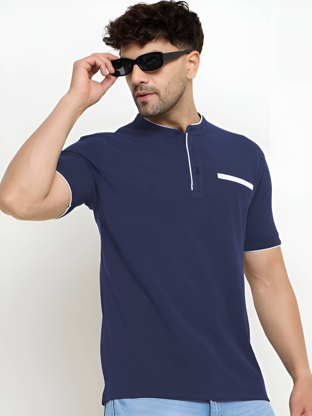 REYA Men Solid Mandarin Collar Cotton T-shirt