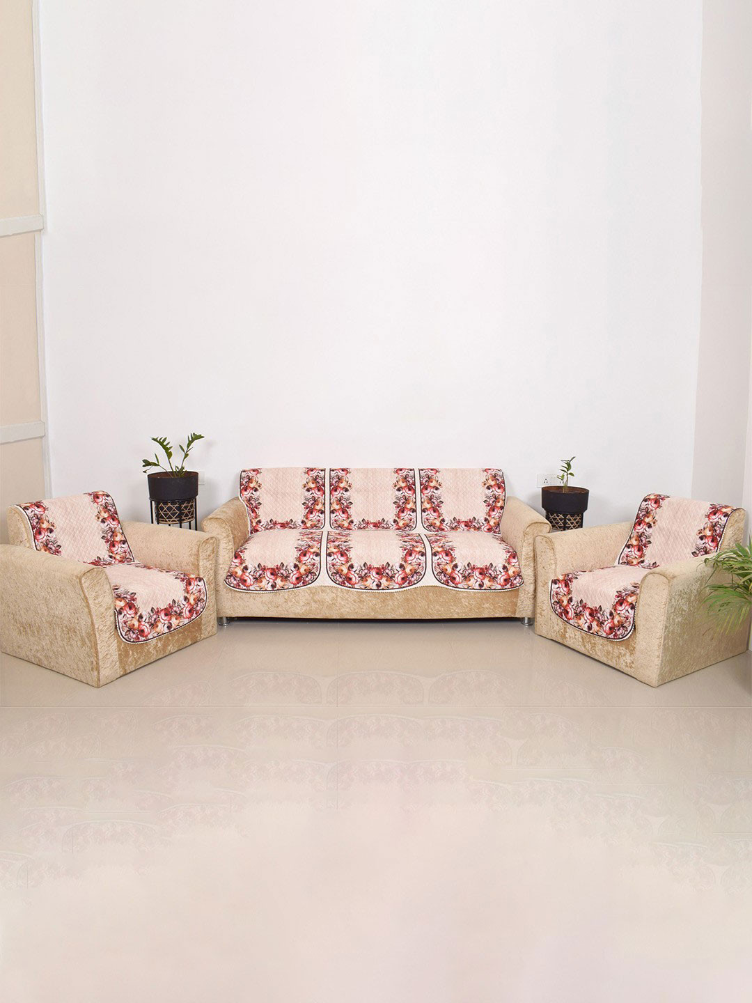 Aura Red & Rose Colored 6 Pieces Floral Printed 5 Seater Sofa Covers